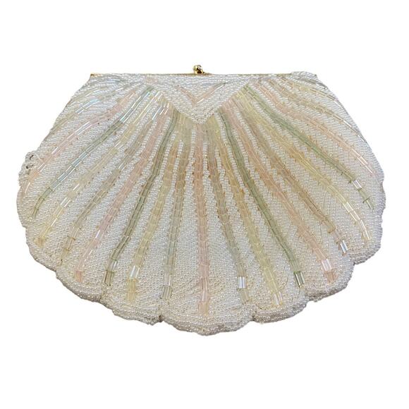 Antique Vintage 1950s Pearl Beaded Seashell Fancy Gold Chain Clutch Purse - Picture 2 of 11